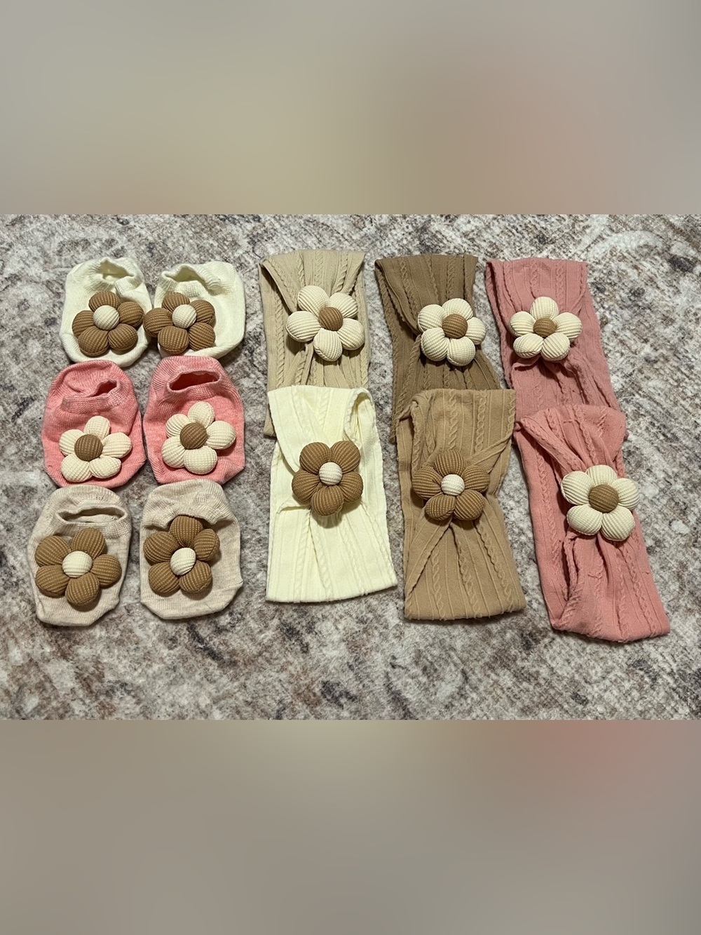 Cable Knit Flower Headband & Sock Set for Kids - Cream, Pink, Tan, Brown